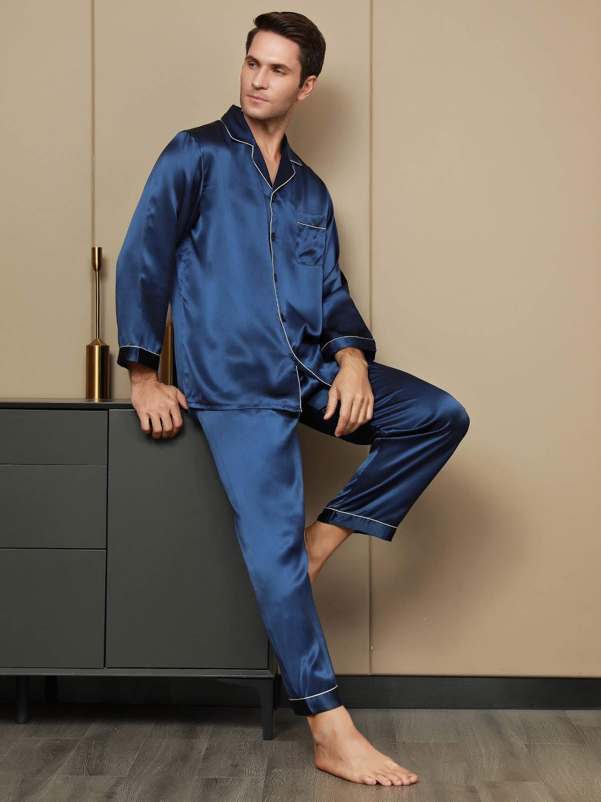 [Dark Blue] SilkSilky-AU Long Sleeve Lapel Collar Men's Pyjamas 001