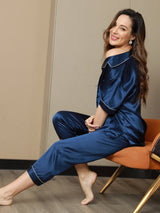[Dark Blue] SilkSilky-AU Short Sleeve Notch Collar Women's Pyjamas 006