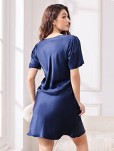 [Dark Blue] SilkSilky-AU Short Sleeve V Neck Nightgown 002