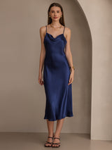 [Dark Blue] SilkSilky-AU Spaghetti Strap Cowl Neck Dress 005