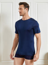 [Dark Blue] SilkSilky-AU 100% Silk Jersey Short Sleeve Crew Neck Men's T-Shirt 003
