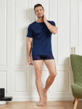 [Dark Blue] SilkSilky-AU 100% Silk Jersey Short Sleeve Crew Neck Men's T-Shirt 004