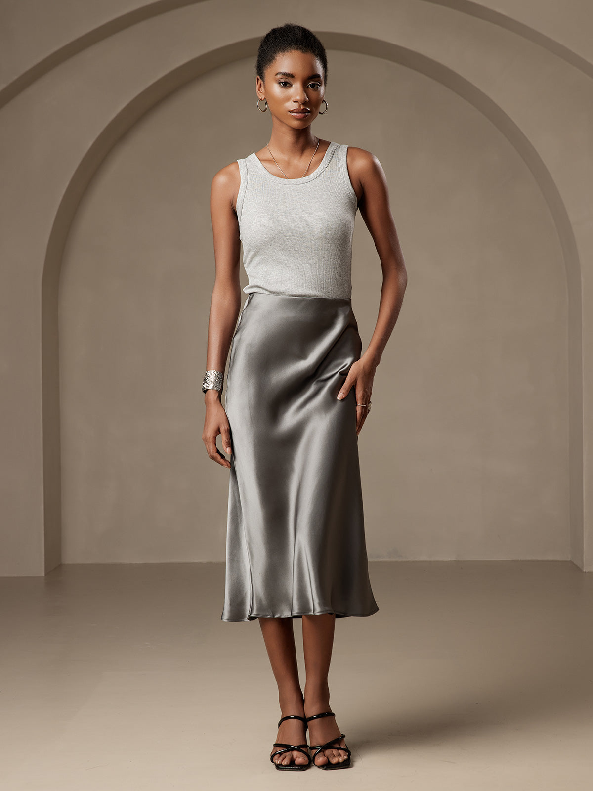 [Dark Gray] SilkSilky-AU 19Momme Pure Silk Skirt 001