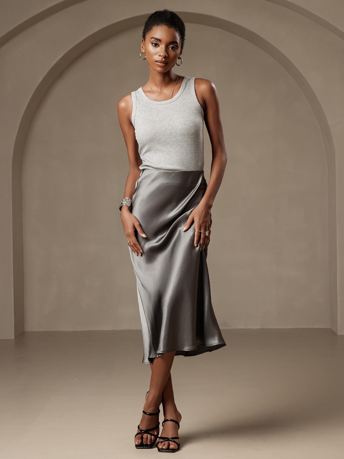 [Dark Gray] SilkSilky-AU 19Momme Pure Silk Skirt 004