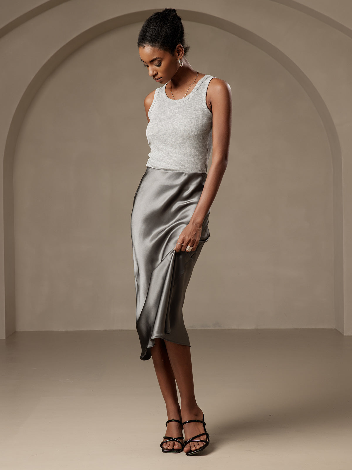 [Dark Gray] SilkSilky-AU 19Momme Pure Silk Skirt 005
