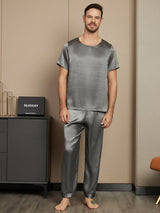 [Dark Gray] SilkSilky-AU Pure Silk Short Sleeve Round Neck Men's Pyjamas 003