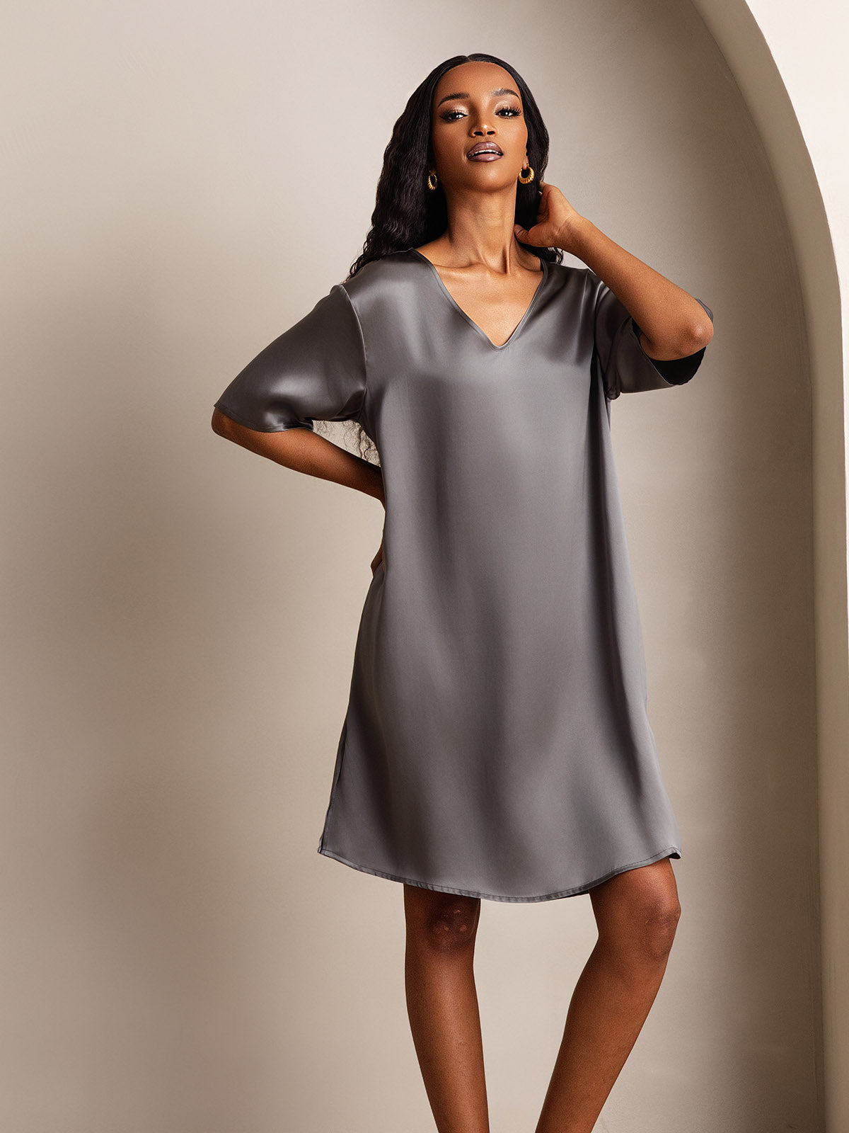[Dark Gray] SilkSilky-AU Pure Silk V Neck Nightgown 007