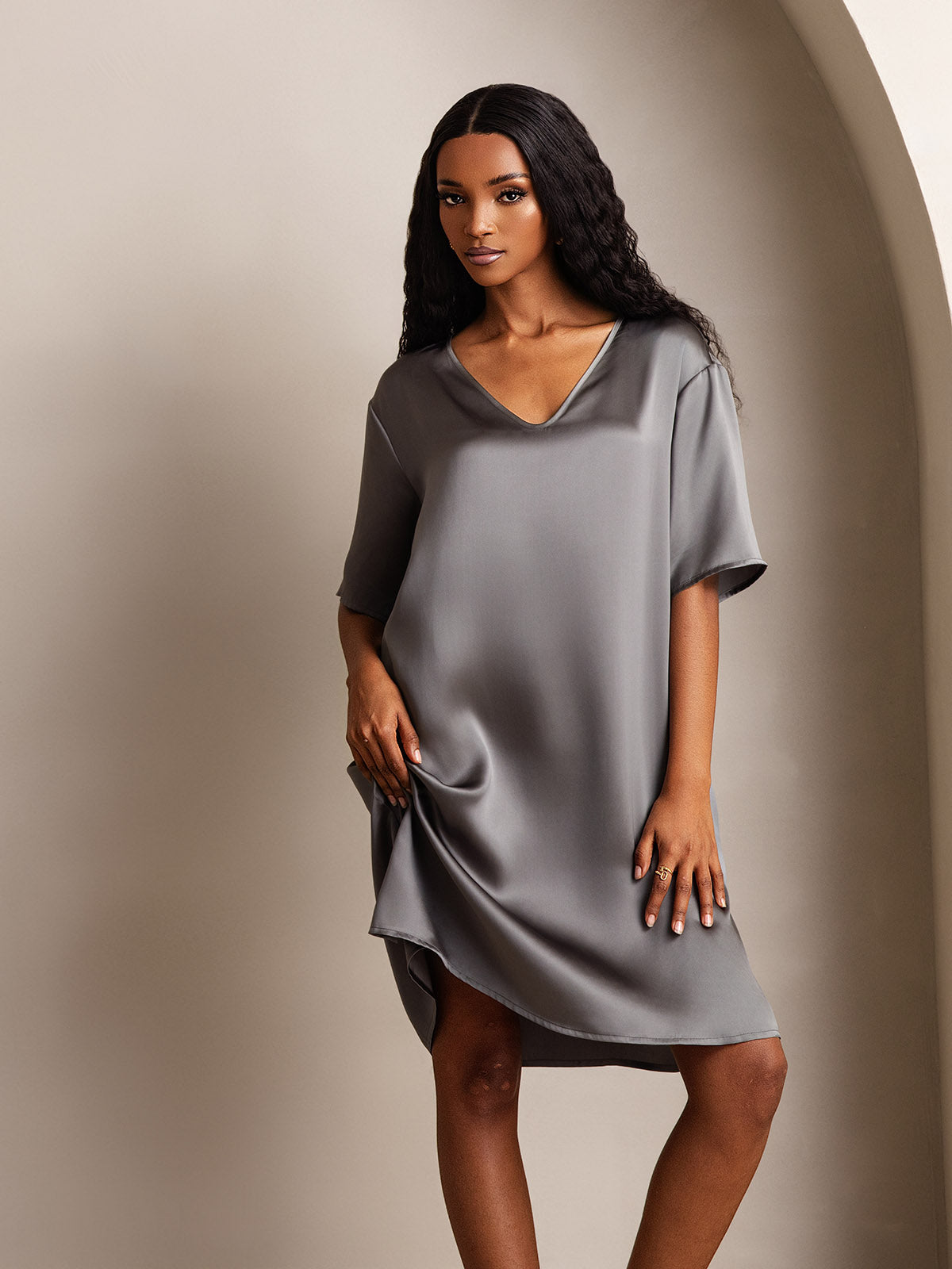 [Dark Gray] SilkSilky-AU Pure Silk V Neck Nightgown 008