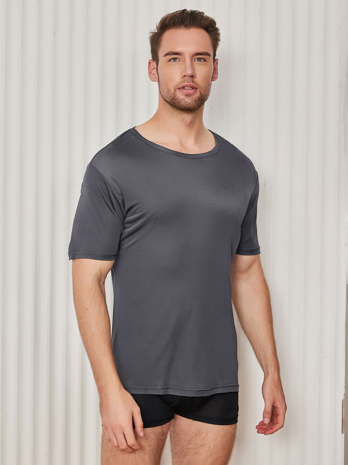 [Dark Gray] SilkSilky-AU Silk Knitted Short Sleeve Round Neck Men's T-Shirt 001