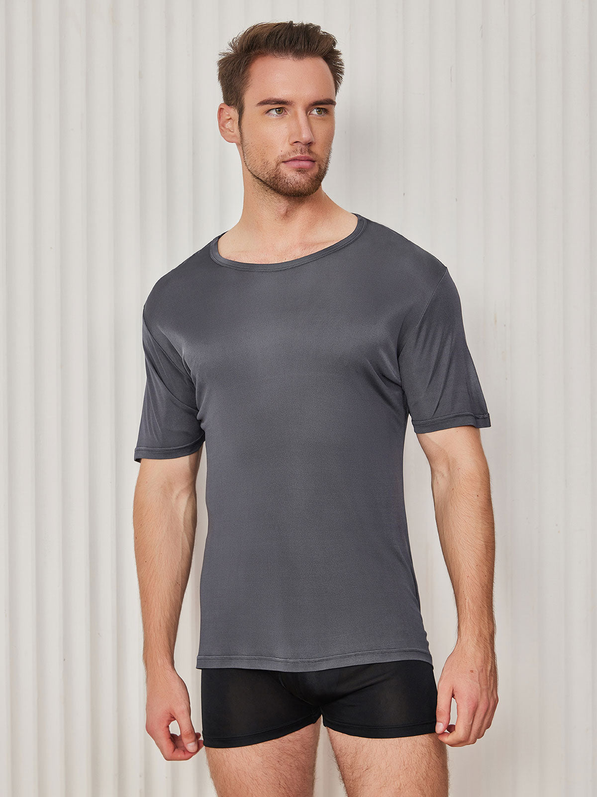 [Dark Gray] SilkSilky-AU Silk Knitted Short Sleeve Round Neck Men's T-Shirt 004