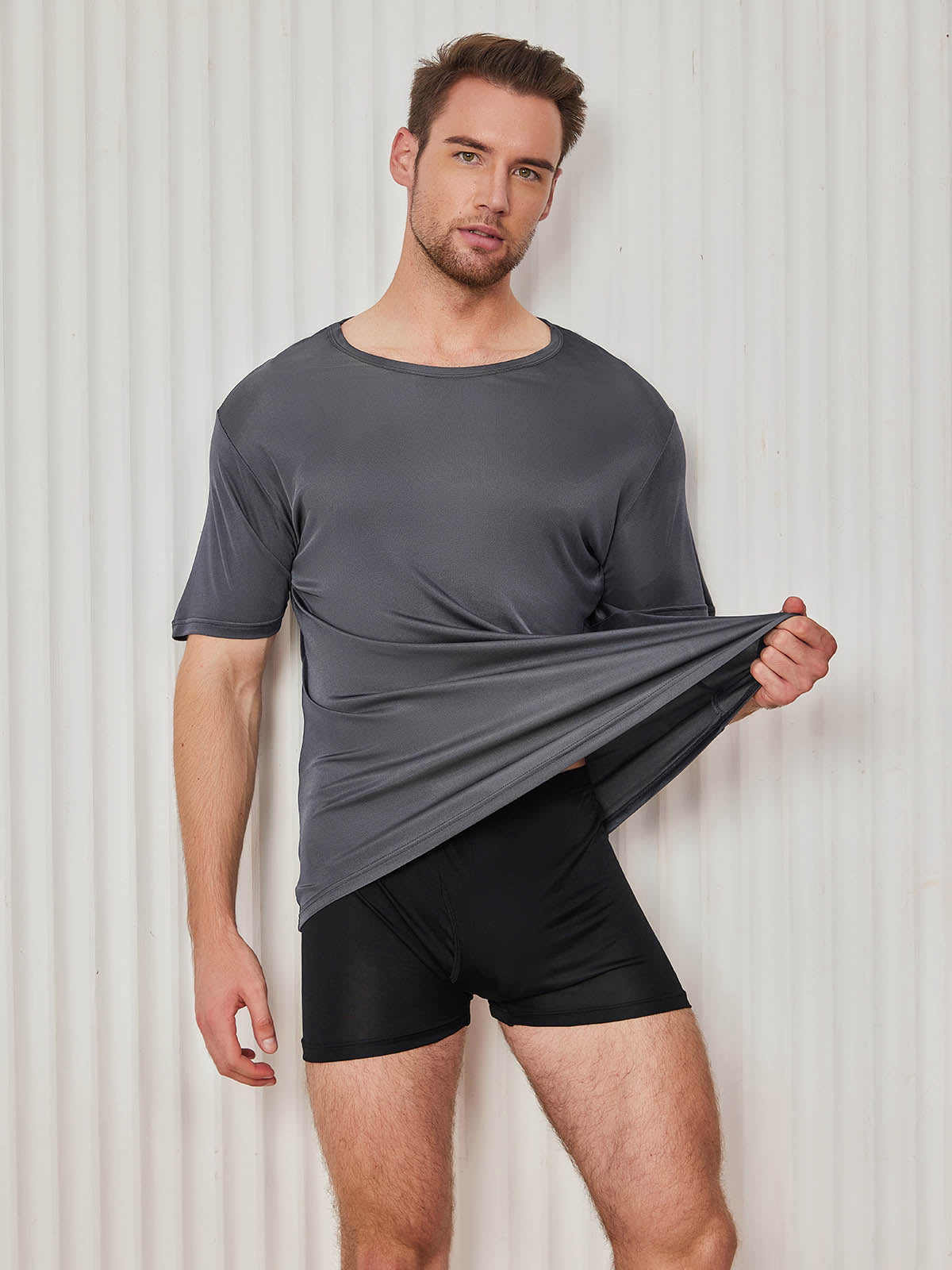 [Dark Gray] SilkSilky-AU Silk Knitted Short Sleeve Round Neck Men's T-Shirt 005