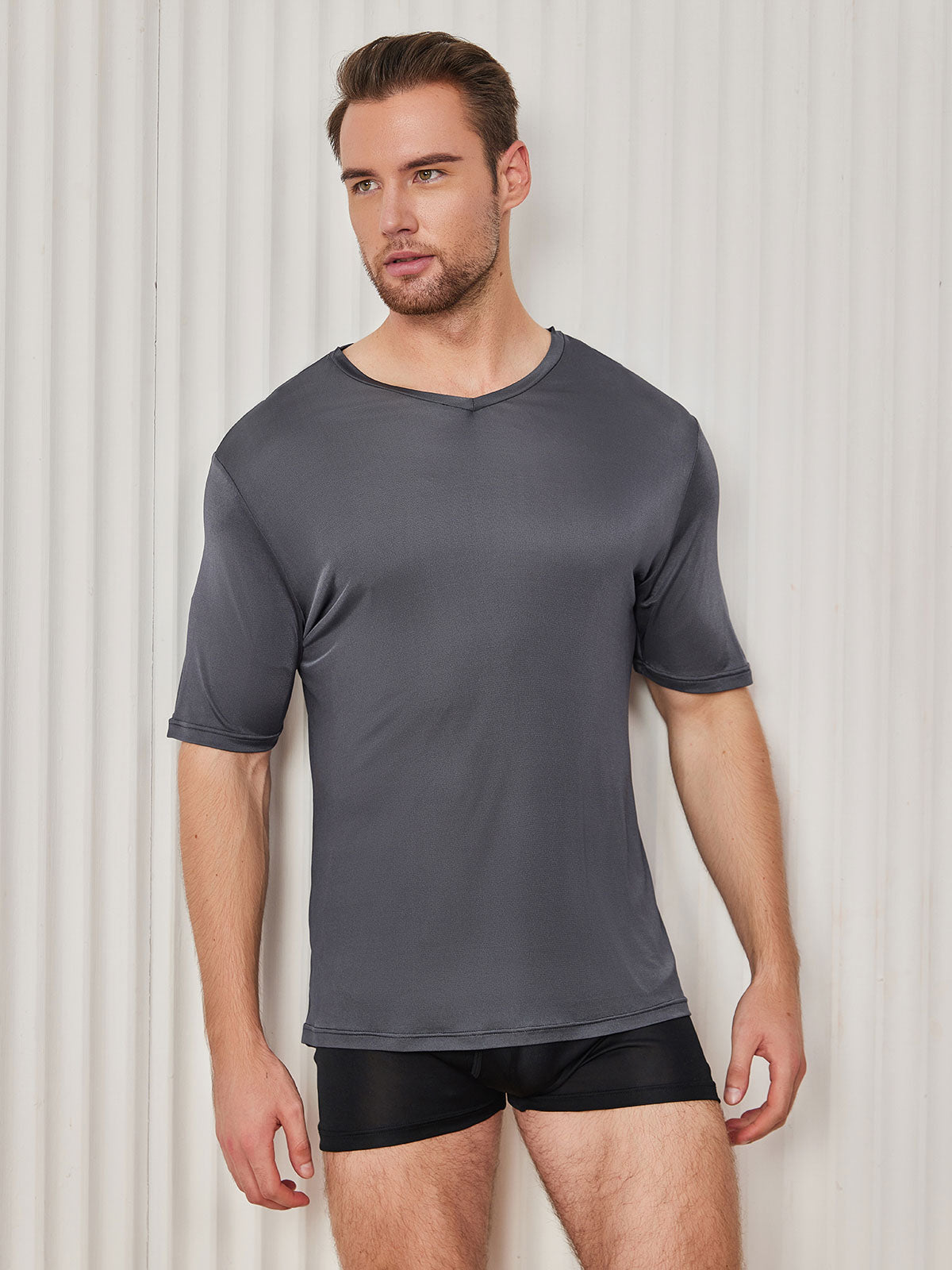 [Dark Gray] SilkSilky-AU Silk Knitted Short Sleeve V Neck Men's T-Shirt 001