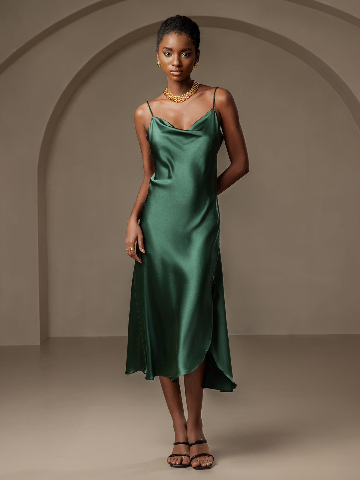 [Dark Green] SilkSilky-AU 19Momme Pure Silk Sleeveless Cowl Neck Dress 001