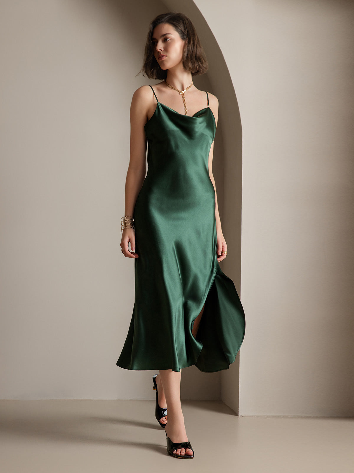 [Dark Green] SilkSilky-AU 19Momme Pure Silk Sleeveless Cowl Neck Dress 001