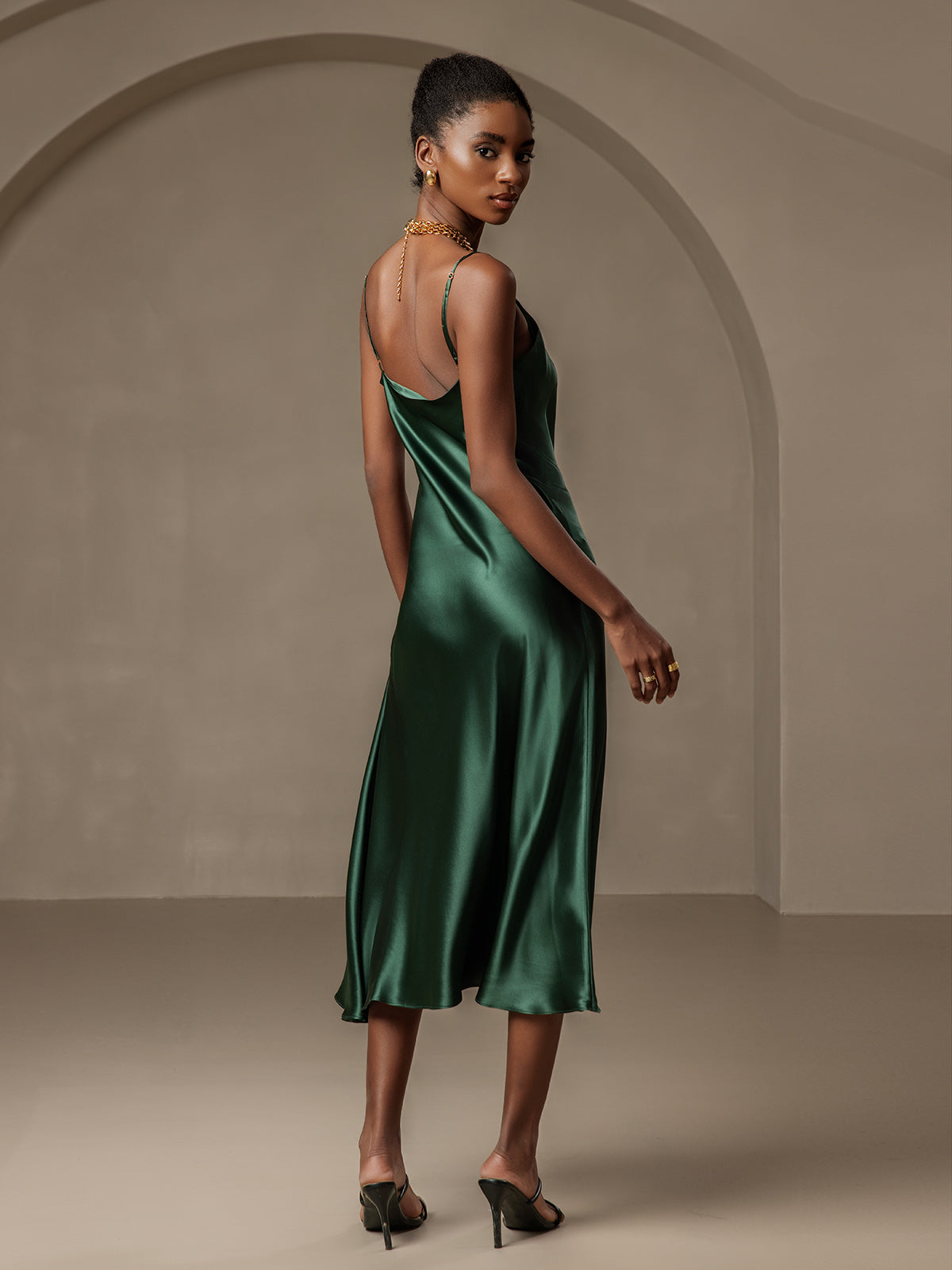[Dark Green] SilkSilky-AU 19Momme Pure Silk Sleeveless Cowl Neck Dress 002