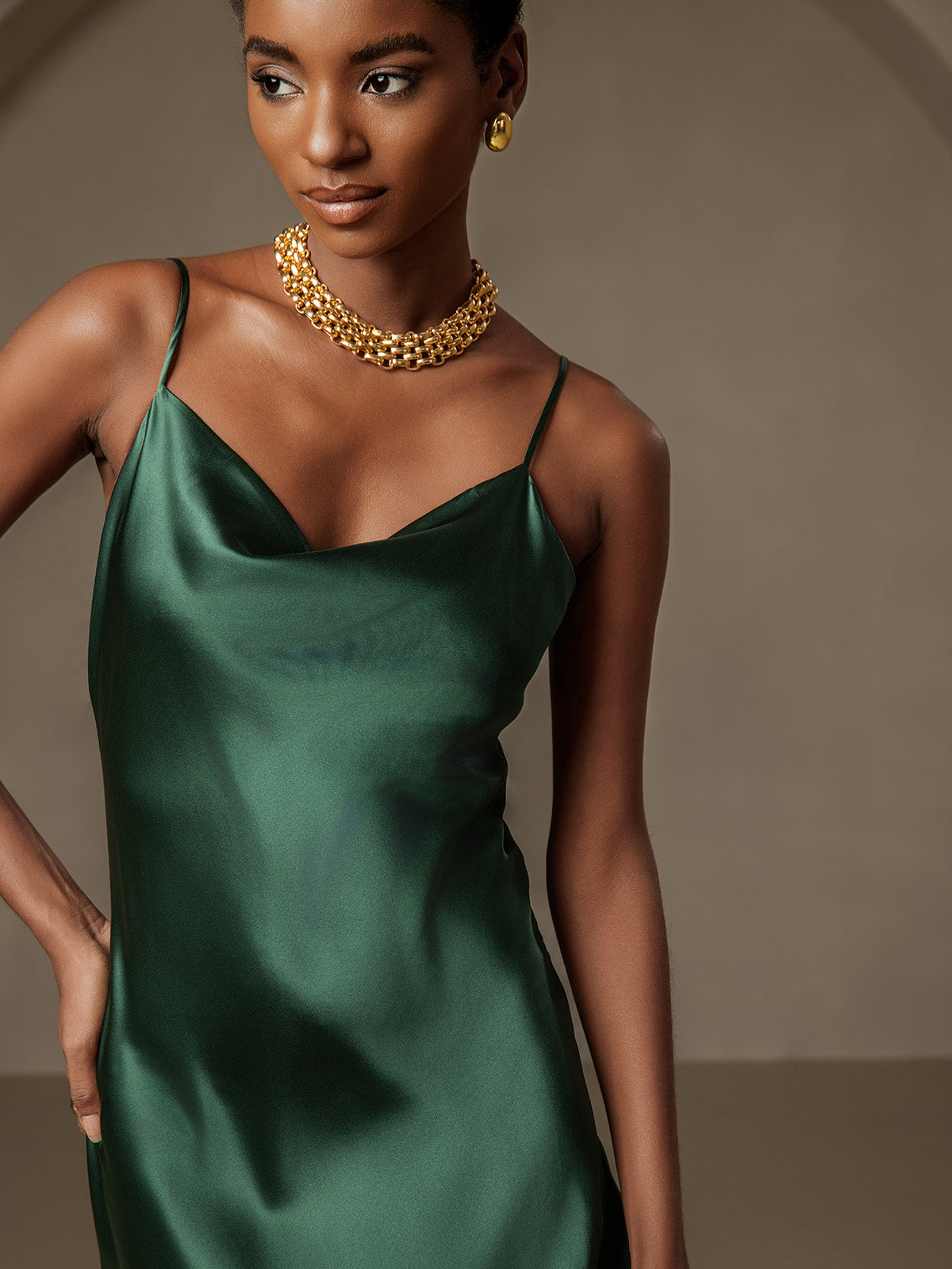 [Dark Green] SilkSilky-AU 19Momme Pure Silk Sleeveless Cowl Neck Dress 003