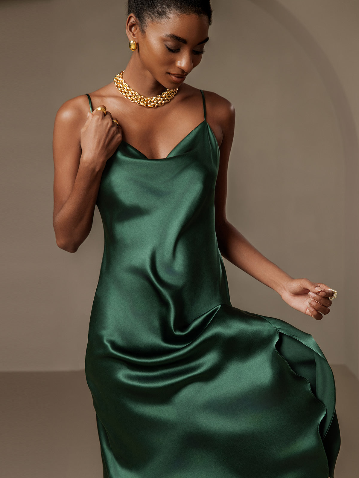 [Dark Green] SilkSilky-AU 19Momme Pure Silk Sleeveless Cowl Neck Dress 004