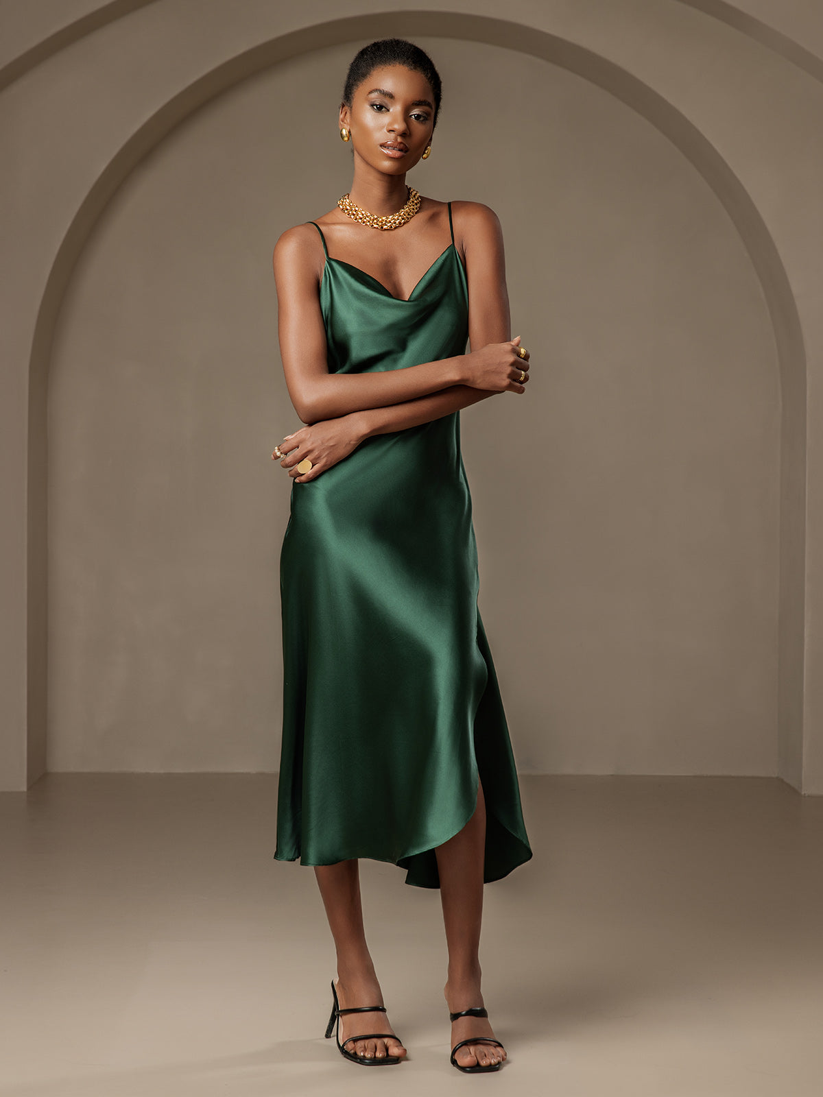 [Dark Green] SilkSilky-AU 19Momme Pure Silk Sleeveless Cowl Neck Dress 005