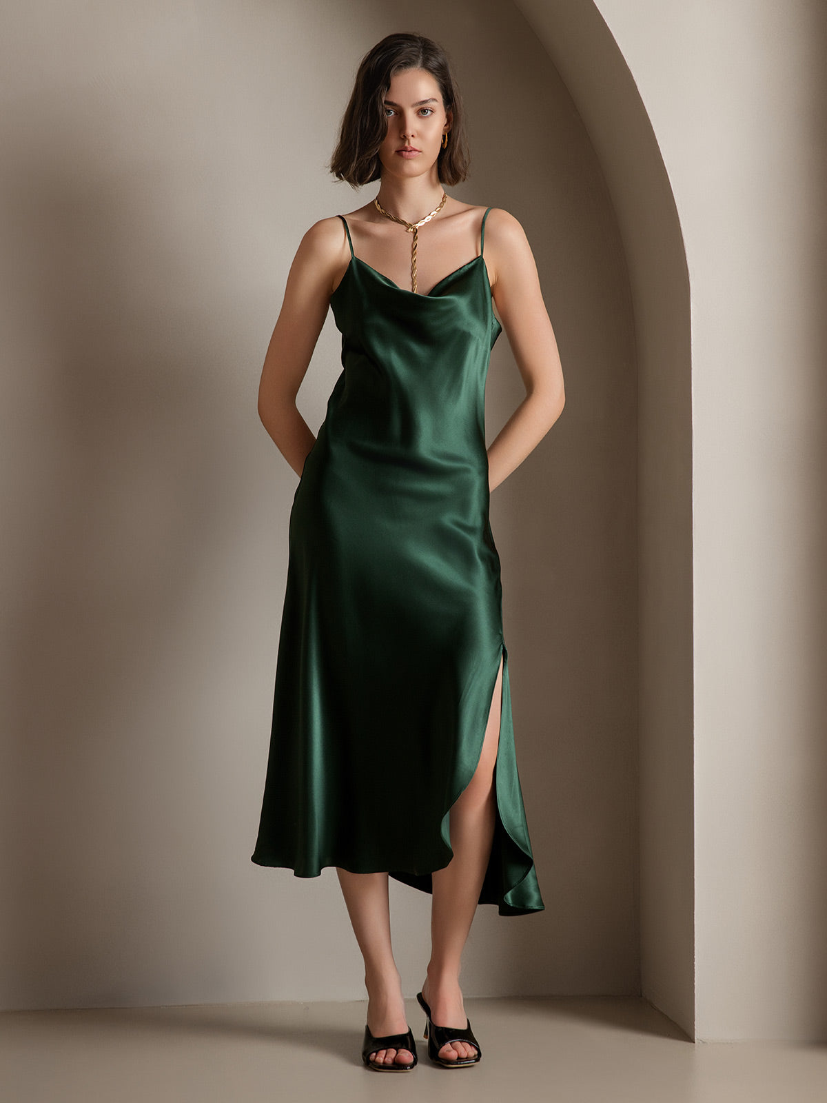 [Dark Green] SilkSilky-AU 19Momme Pure Silk Sleeveless Cowl Neck Dress 005