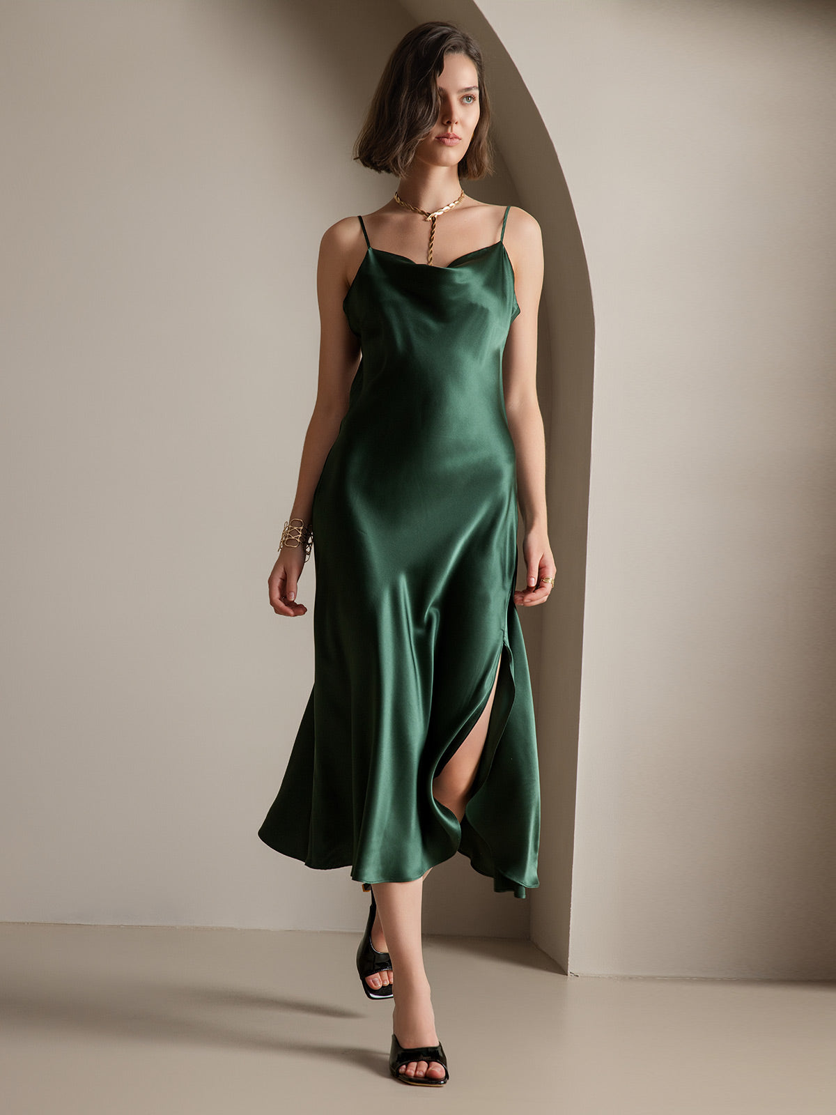 [Dark Green] SilkSilky-AU 19Momme Pure Silk Sleeveless Cowl Neck Dress 006