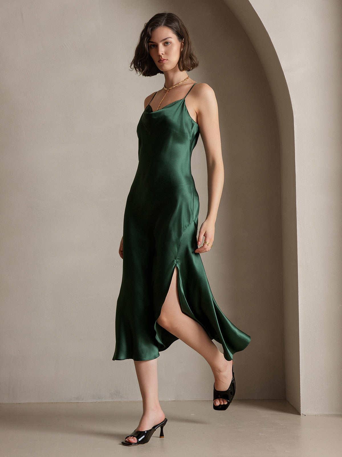 [Dark Green] SilkSilky-AU 19Momme Pure Silk Sleeveless Cowl Neck Dress 007