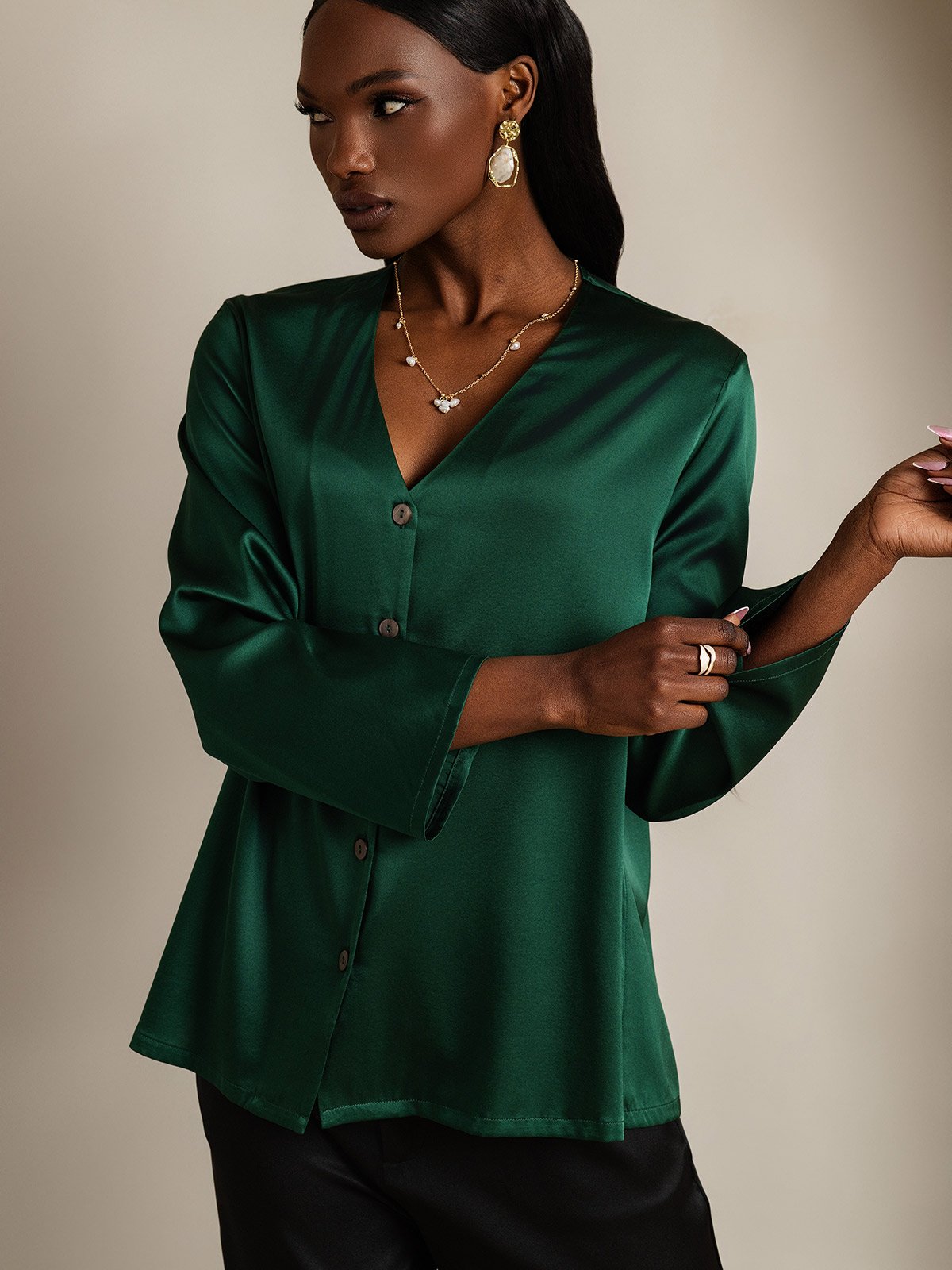 [Dark Green] SilkSilky-AU 19Momme Silk V Neck Women's Shirt 003