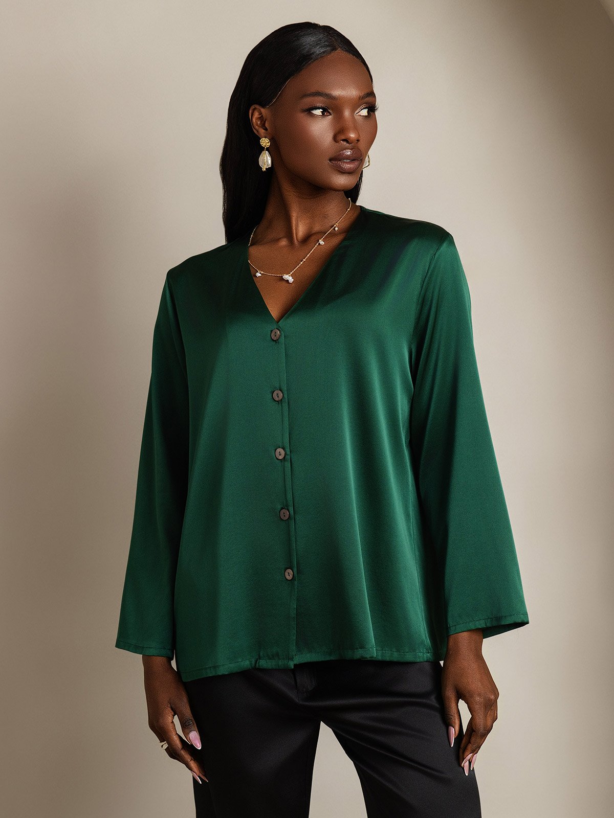[Dark Green] SilkSilky-AU 19Momme Silk V Neck Women's Shirt 005
