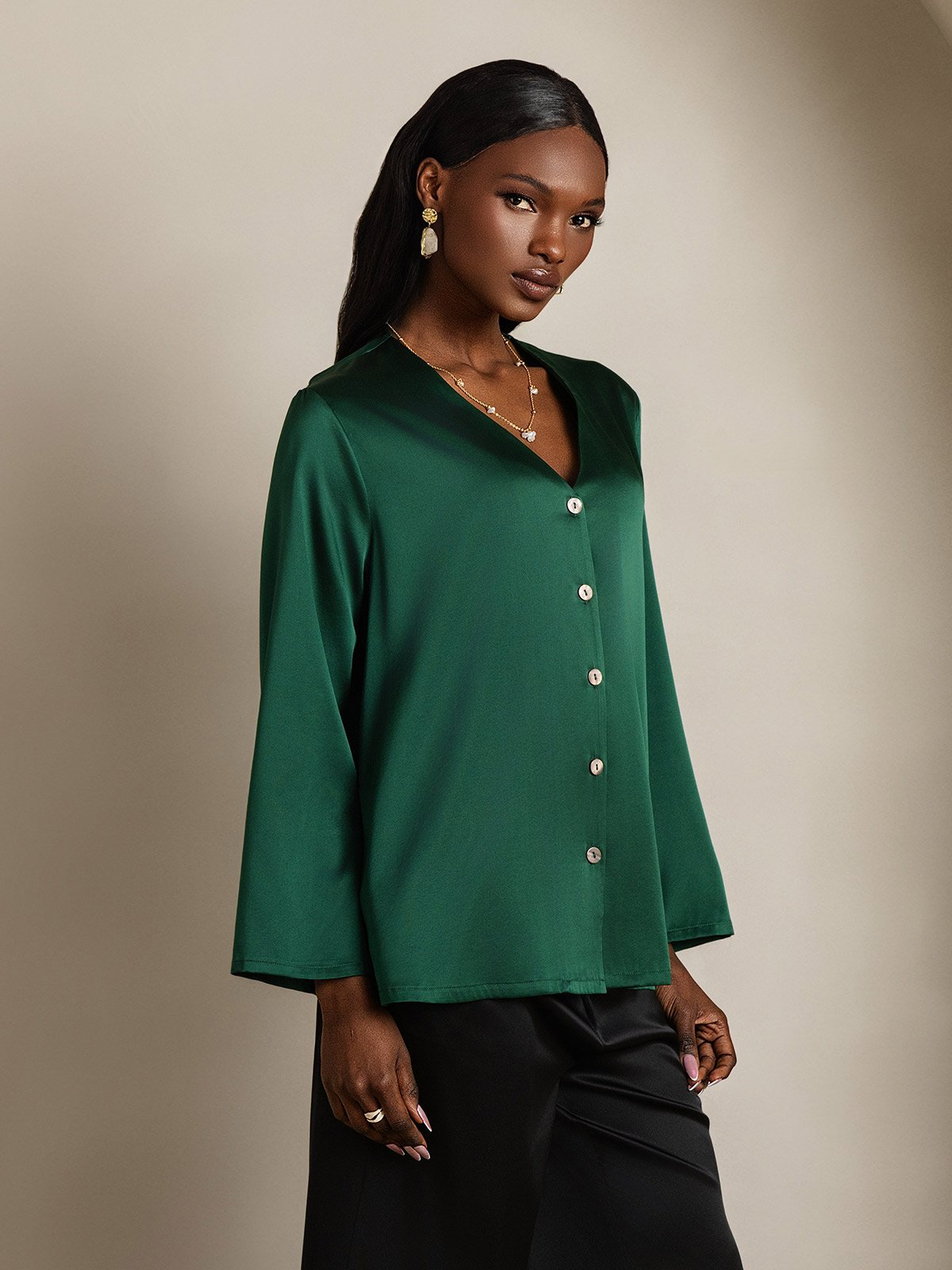 [Dark Green] SilkSilky-AU 19Momme Silk V Neck Women's Shirt 006