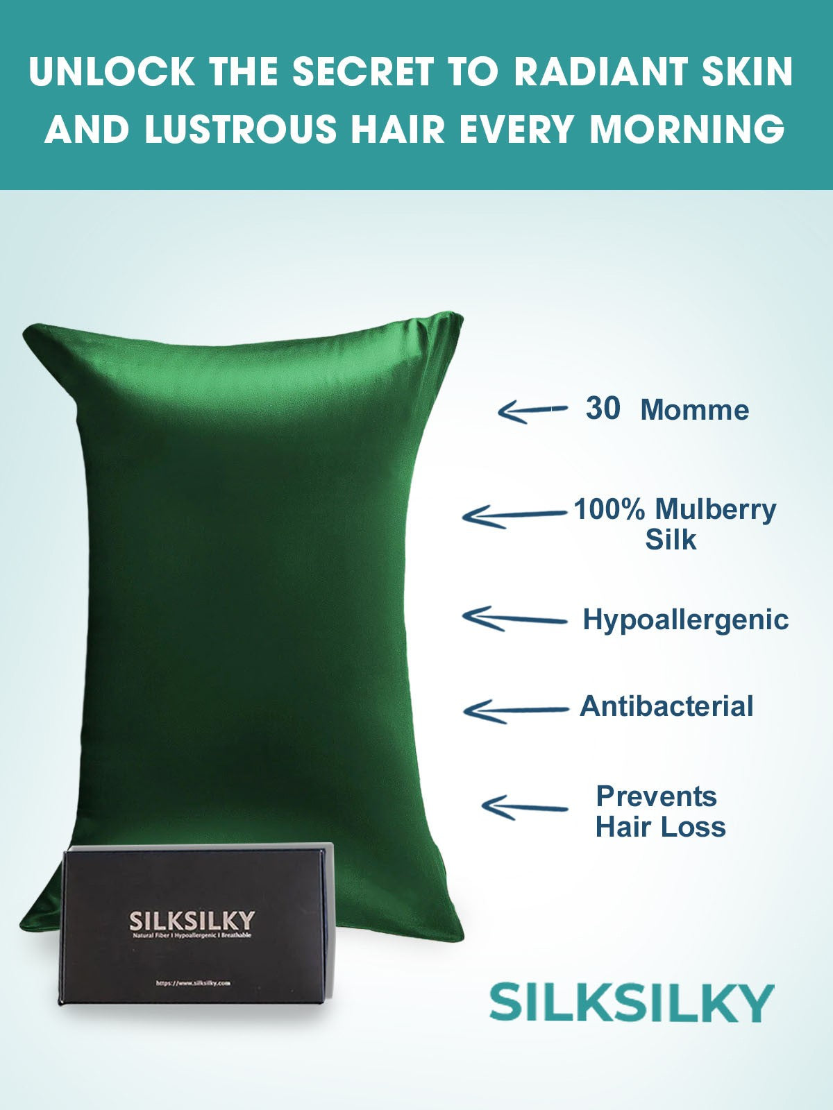 [Dark Green] SilkSilky-AU 30Momme Pure Silk Pillowcase 002