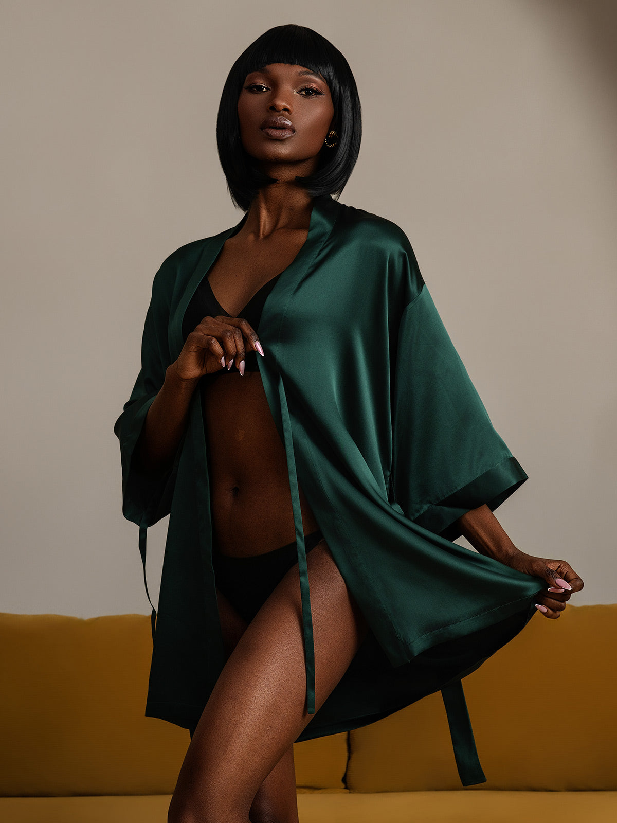 [Dark Green] SilkSilky-AU Pure Silk Half Sleeve Womens Robe 001
