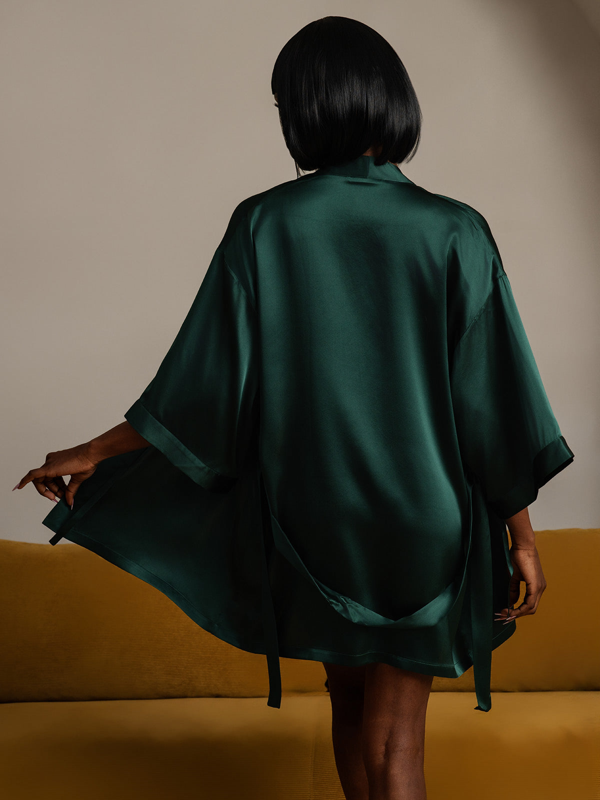 [Dark Green] SilkSilky-AU Pure Silk Half Sleeve Womens Robe 002