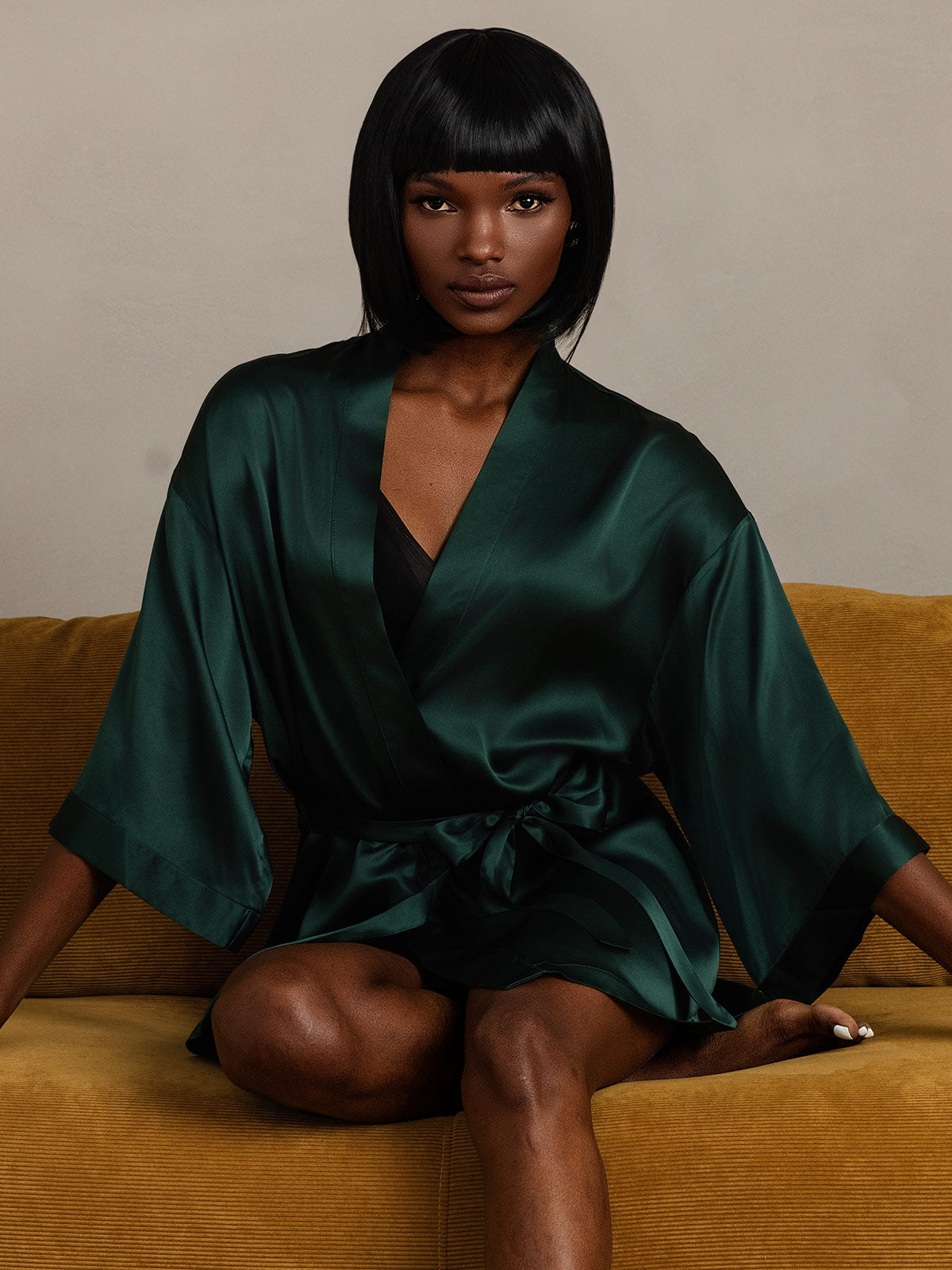 [Dark Green] SilkSilky-AU Pure Silk Half Sleeve Womens Robe 003
