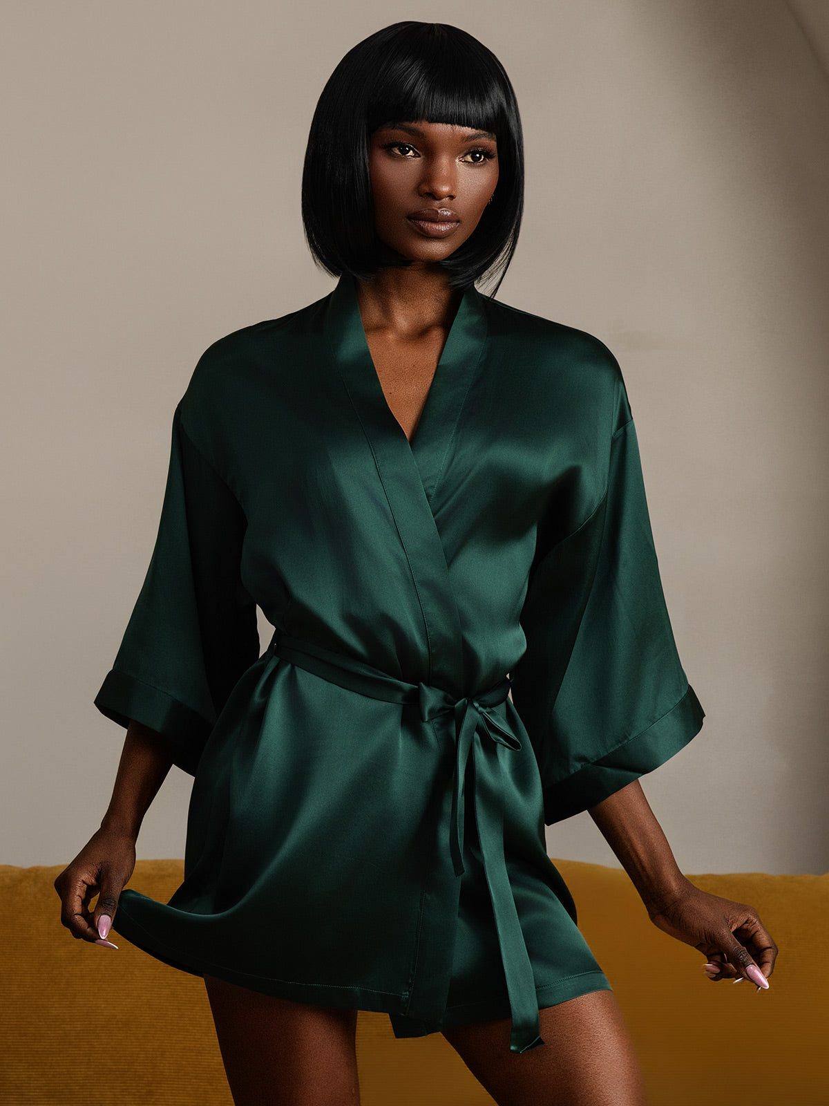 [Dark Green] SilkSilky-AU Pure Silk Half Sleeve Womens Robe 004