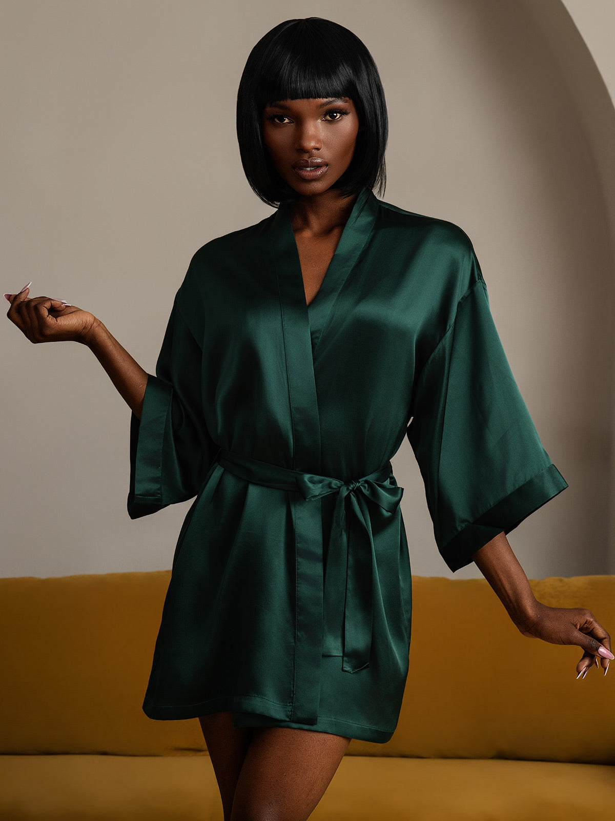 [Dark Green] SilkSilky-AU Pure Silk Half Sleeve Womens Robe 005