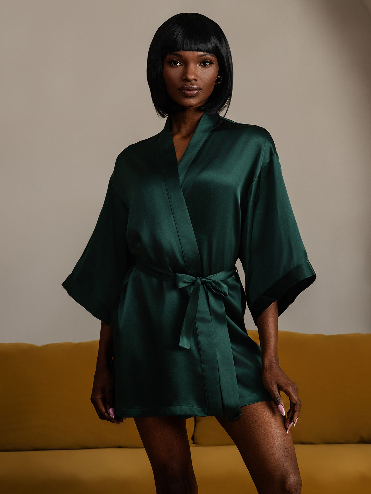 [Dark Green] SilkSilky-AU Pure Silk Half Sleeve Womens Robe 006