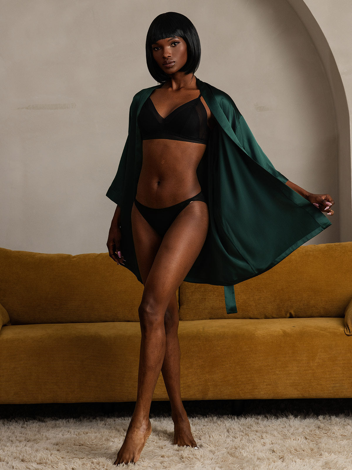 [Dark Green] SilkSilky-AU Pure Silk Half Sleeve Womens Robe 007