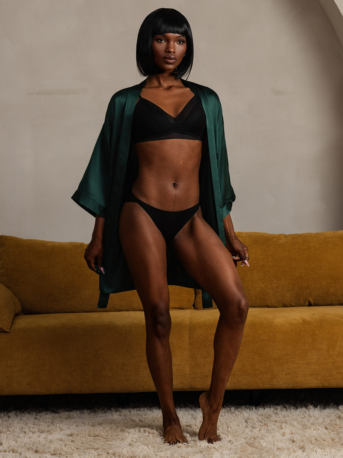 [Dark Green] SilkSilky-AU Pure Silk Half Sleeve Womens Robe 008