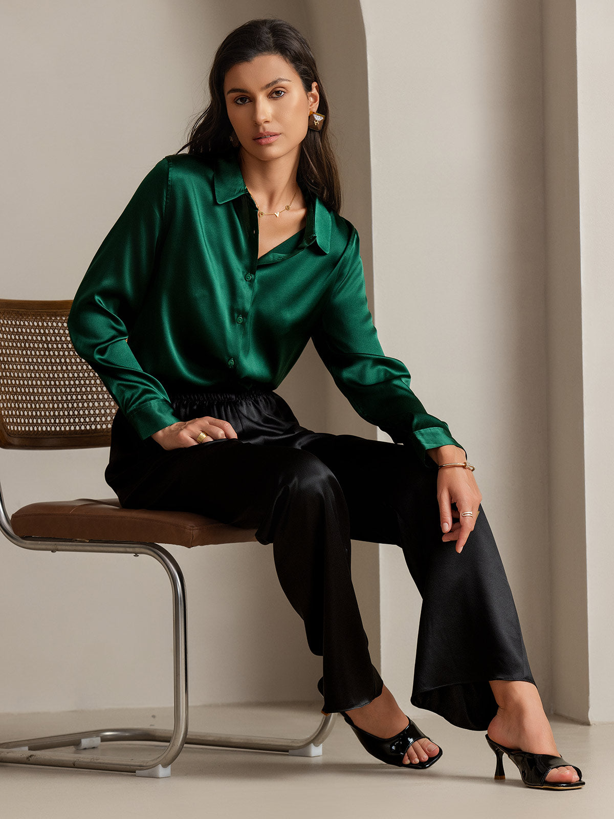 [Dark Green] SilkSilky-AU Silk Long Sleeve Collar Women's Shirt 001