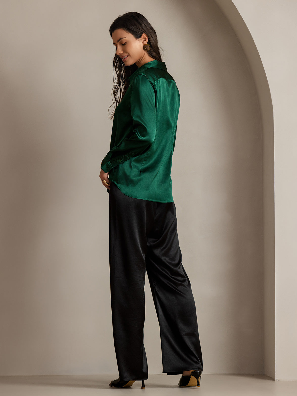 [Dark Green] SilkSilky-AU Silk Long Sleeve Collar Women's Shirt 002