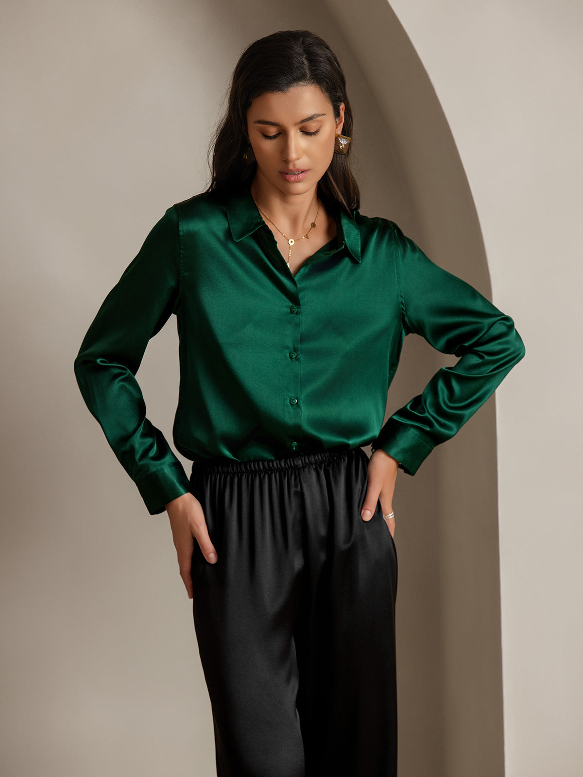 [Dark Green] SilkSilky-AU Silk Long Sleeve Collar Women's Shirt 003