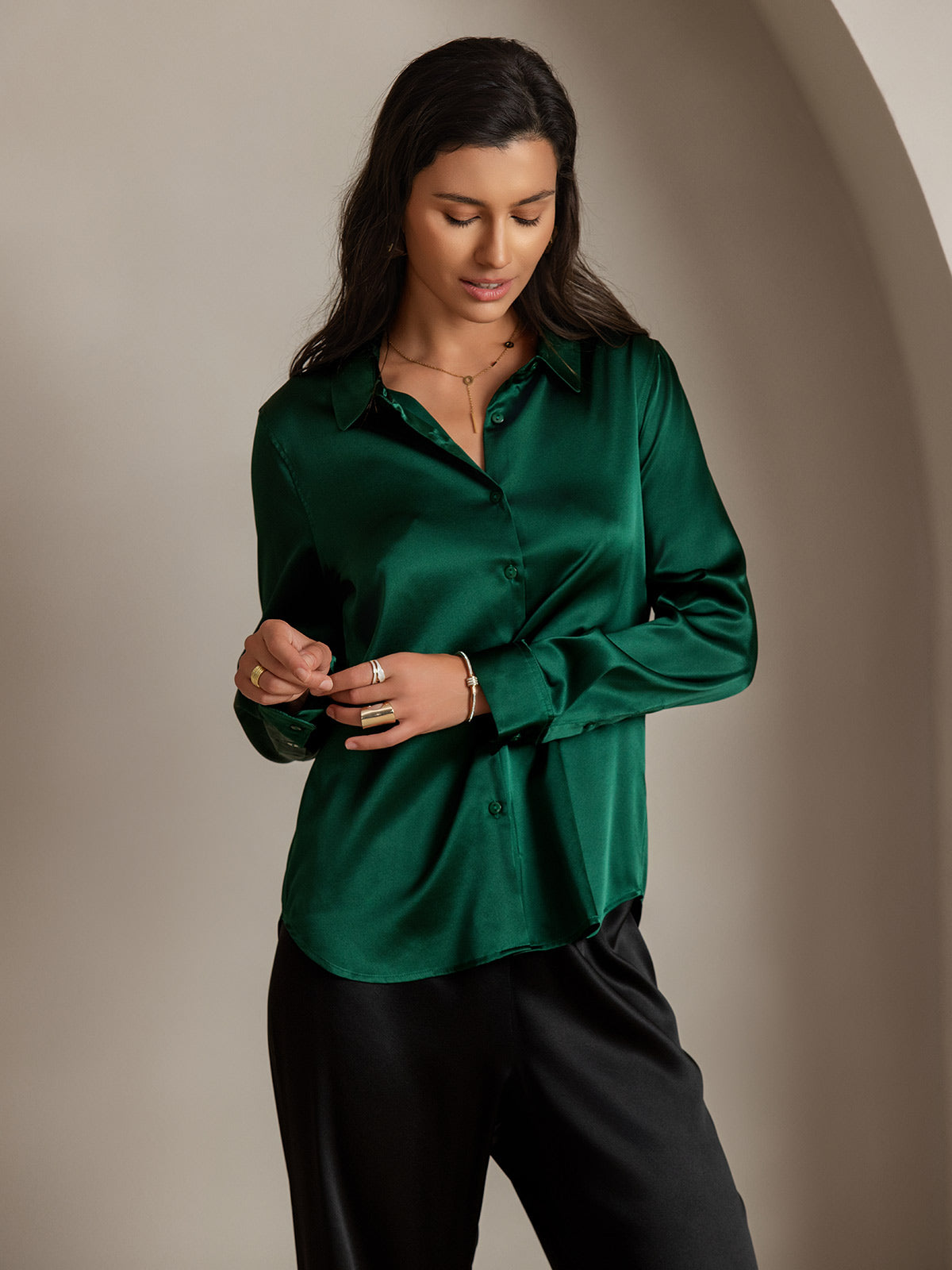 [Dark Green] SilkSilky-AU Silk Long Sleeve Collar Women's Shirt 004