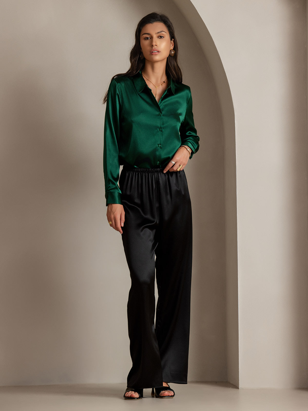 [Dark Green] SilkSilky-AU Silk Long Sleeve Collar Women's Shirt 005