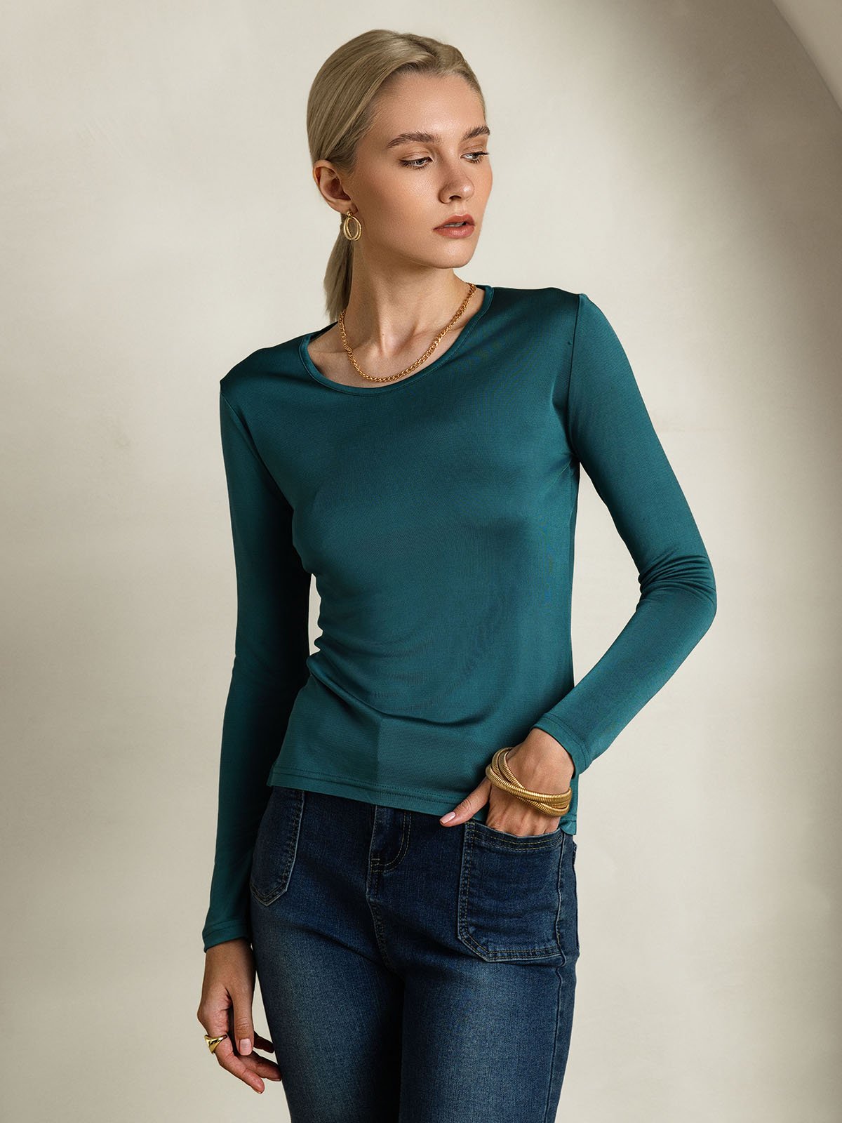 [Dark Green] SilkSilky-AU Silk Long Sleeve Round Neck Women's T-Shirt 001