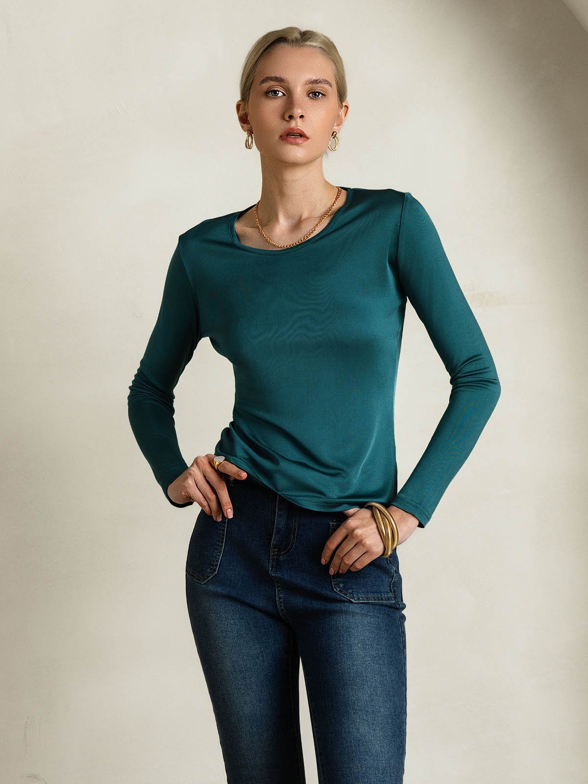 [Dark Green] SilkSilky-AU Silk Long Sleeve Round Neck Women's T-Shirt 003