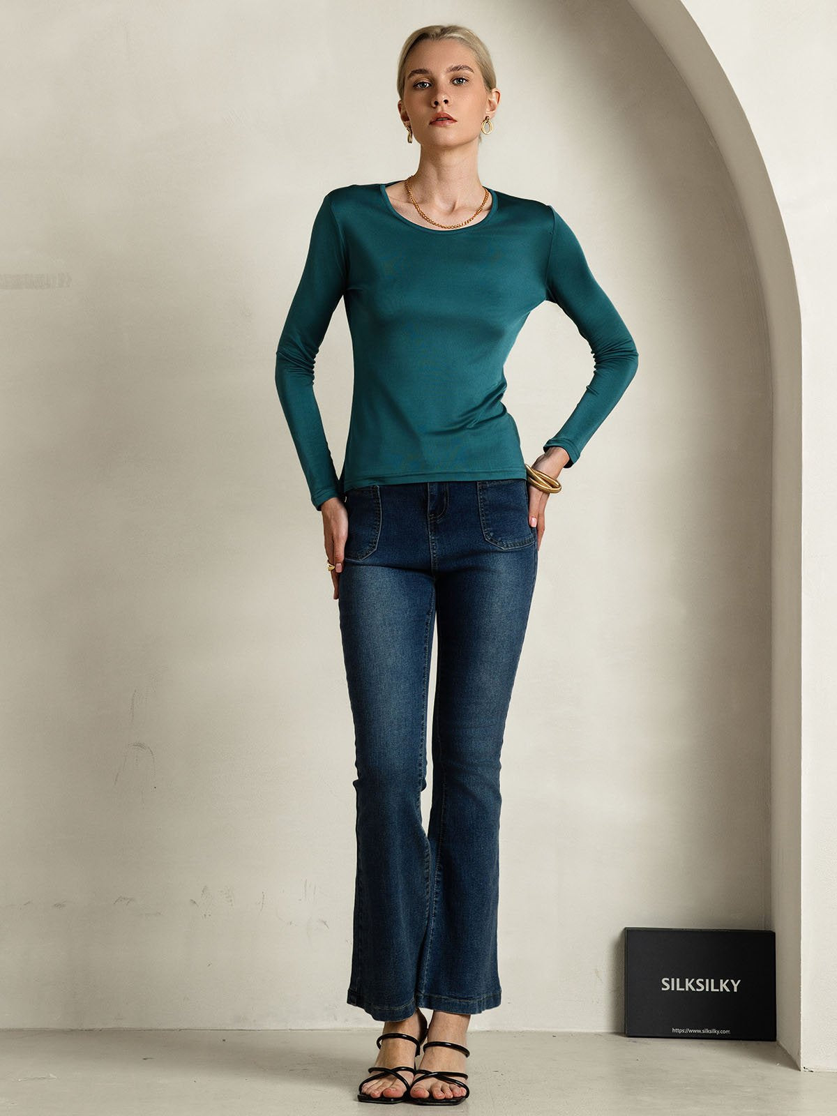 [Dark Green] SilkSilky-AU Silk Long Sleeve Round Neck Women's T-Shirt 005
