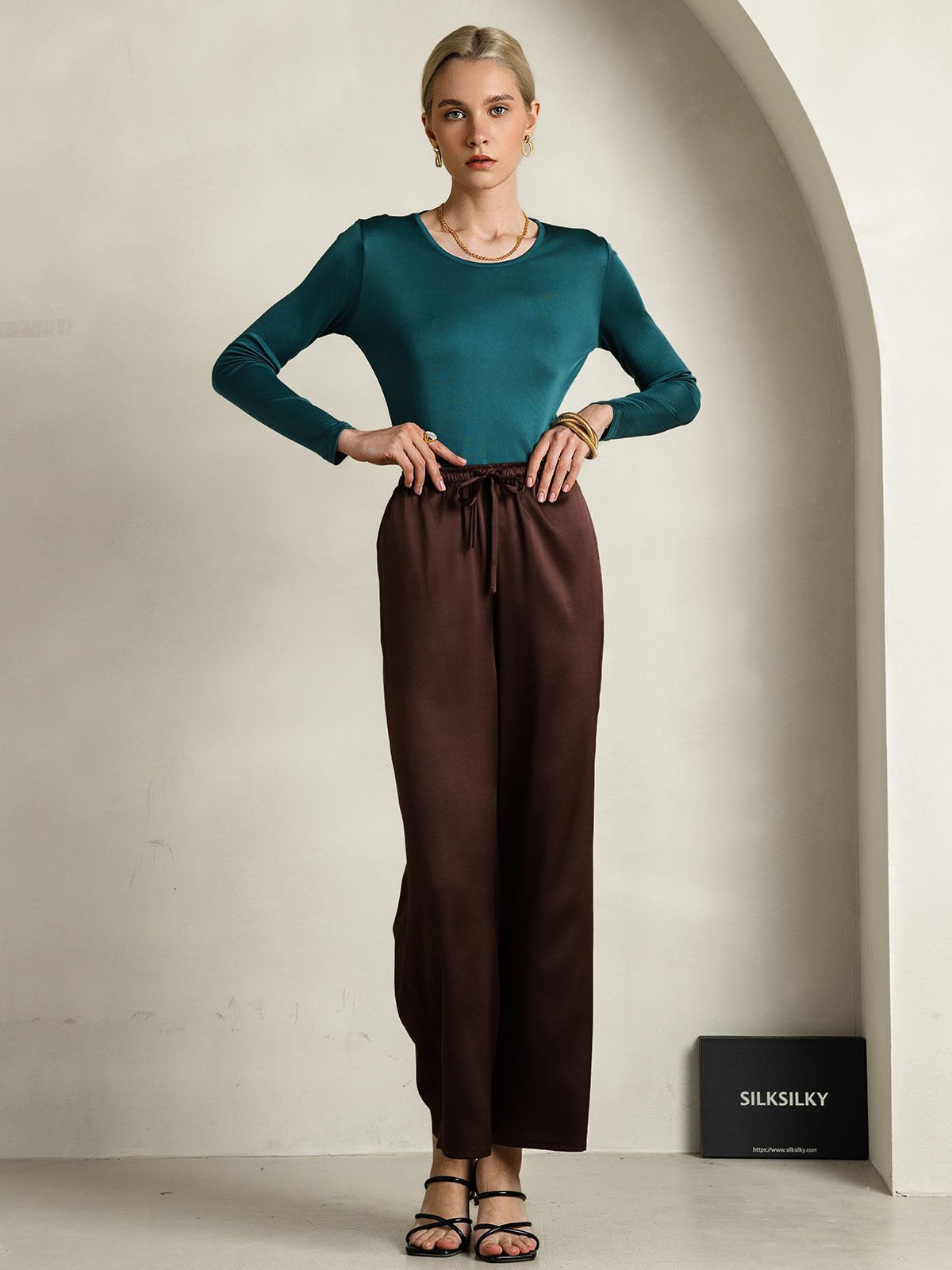 [Dark Green] SilkSilky-AU Silk Long Sleeve Round Neck Women's T-Shirt 007