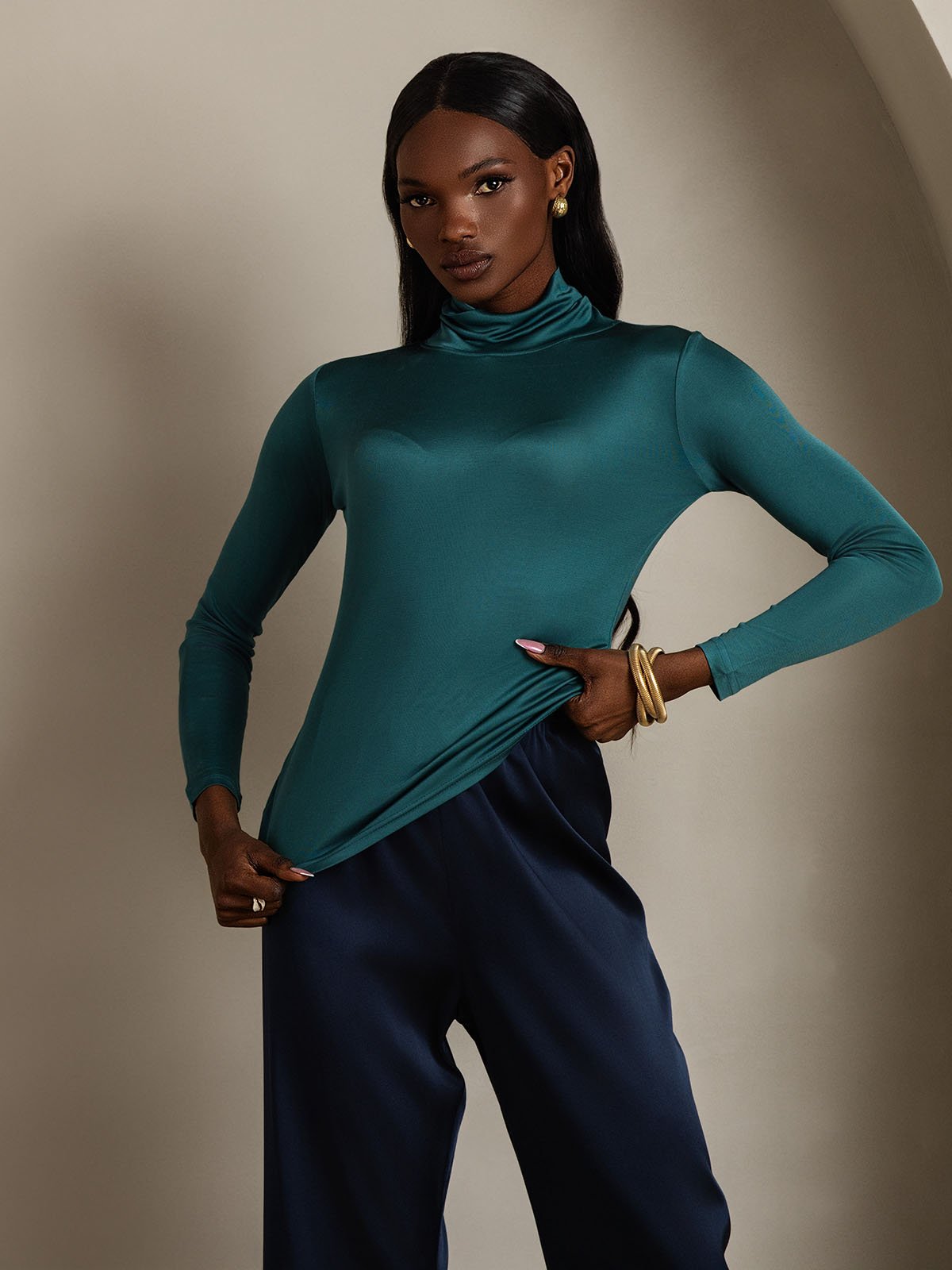 [Dark Green] SilkSilky-AU Silk Long Sleeve Womens T-Shirt 004
