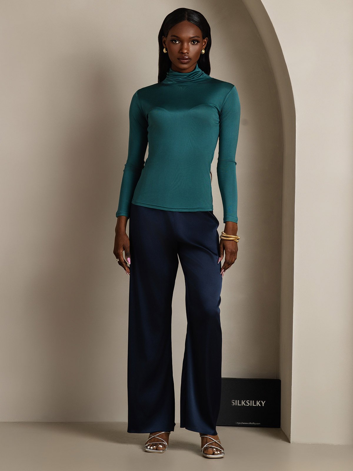 [Dark Green] SilkSilky-AU Silk Long Sleeve Womens T-Shirt 005