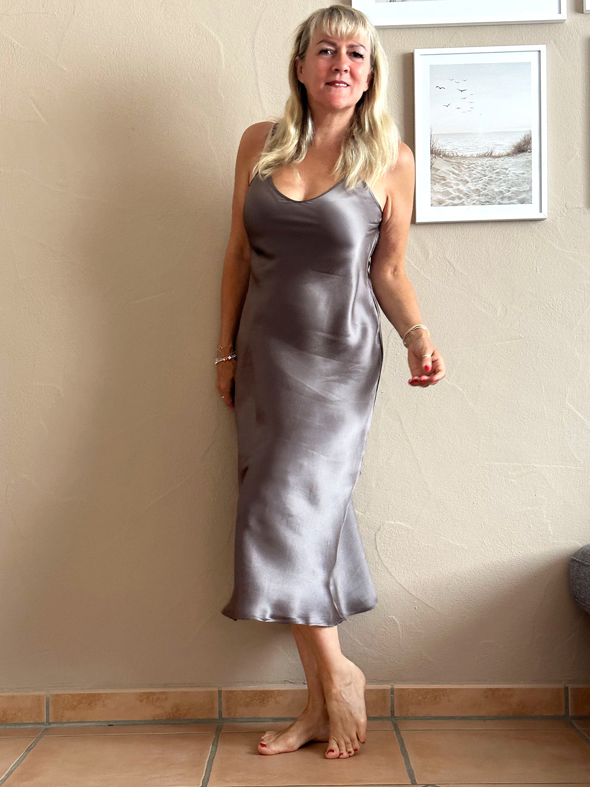 [Dark Khaki] SilkSilky-AU Pure Silk Sleeveless Boat Neck Nightgown 001