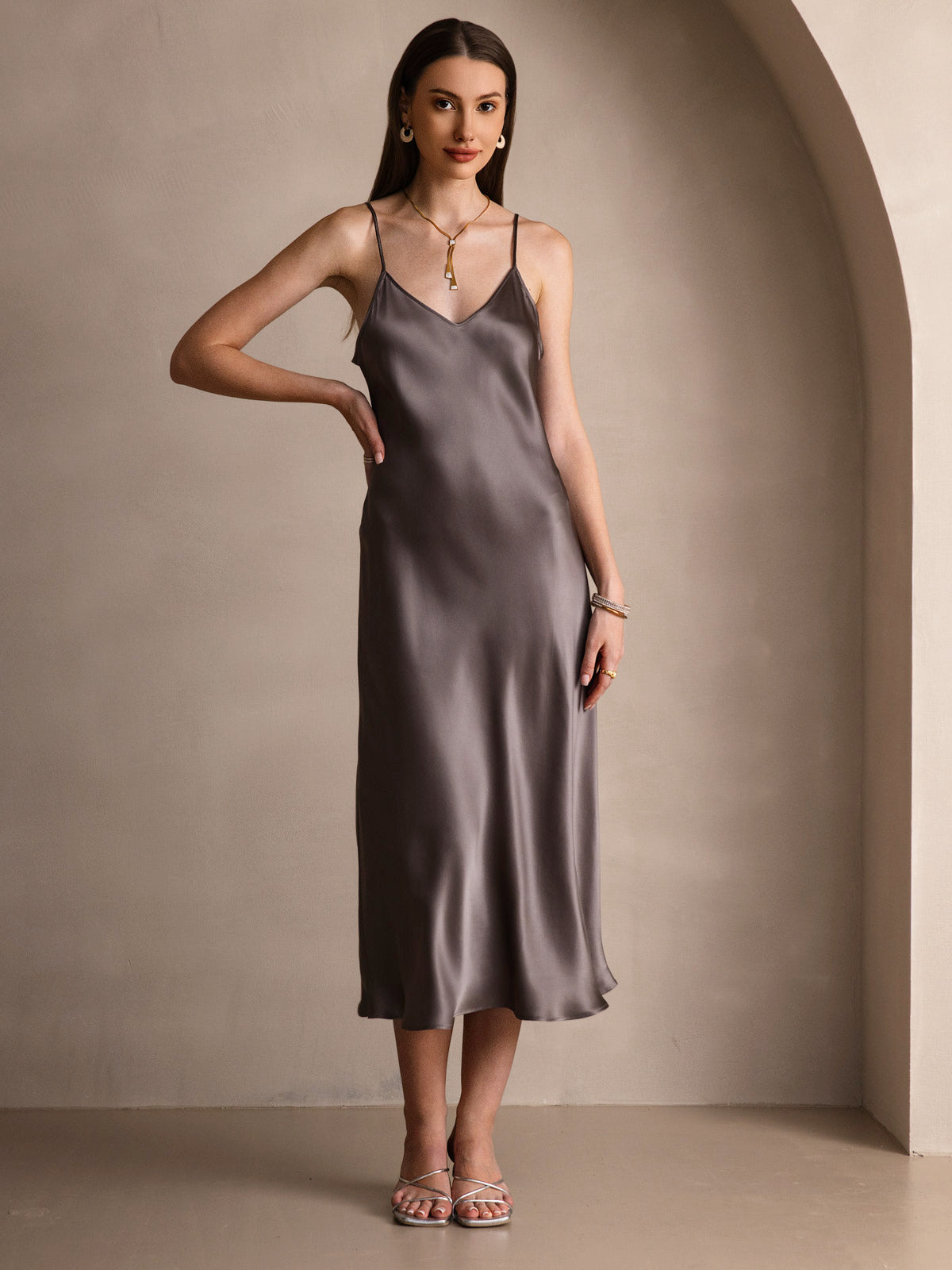 [Dark Khaki] SilkSilky-AU Pure Silk Sleeveless Round Neck Dress 003